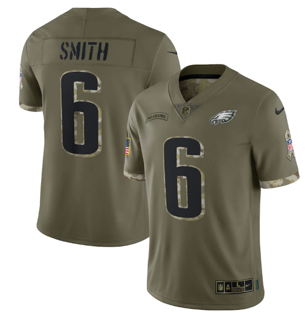 Men's Philadelphia Eagles #6 DeVonta Smith Olive 2022 Salute To Service Limited Stitched Jersey Men's Philadelphia Eagles #6 DeVonta Smith Olive 2022 Salute To Service Limited Stitched Jersey